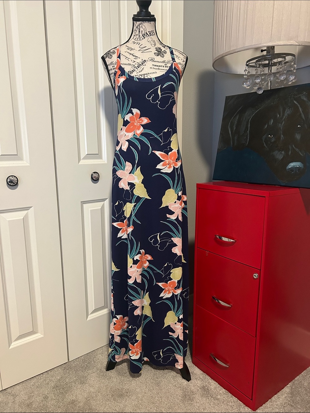 Women’s Navy Floral Maxi Dress with Pink & Coral Blooms